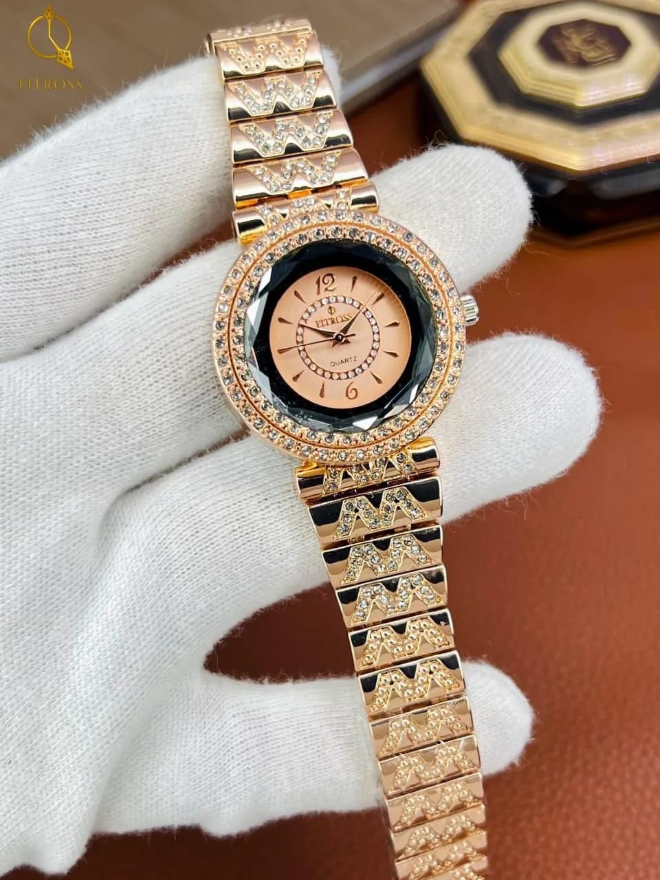 Rose gold ladies crystal chain watch